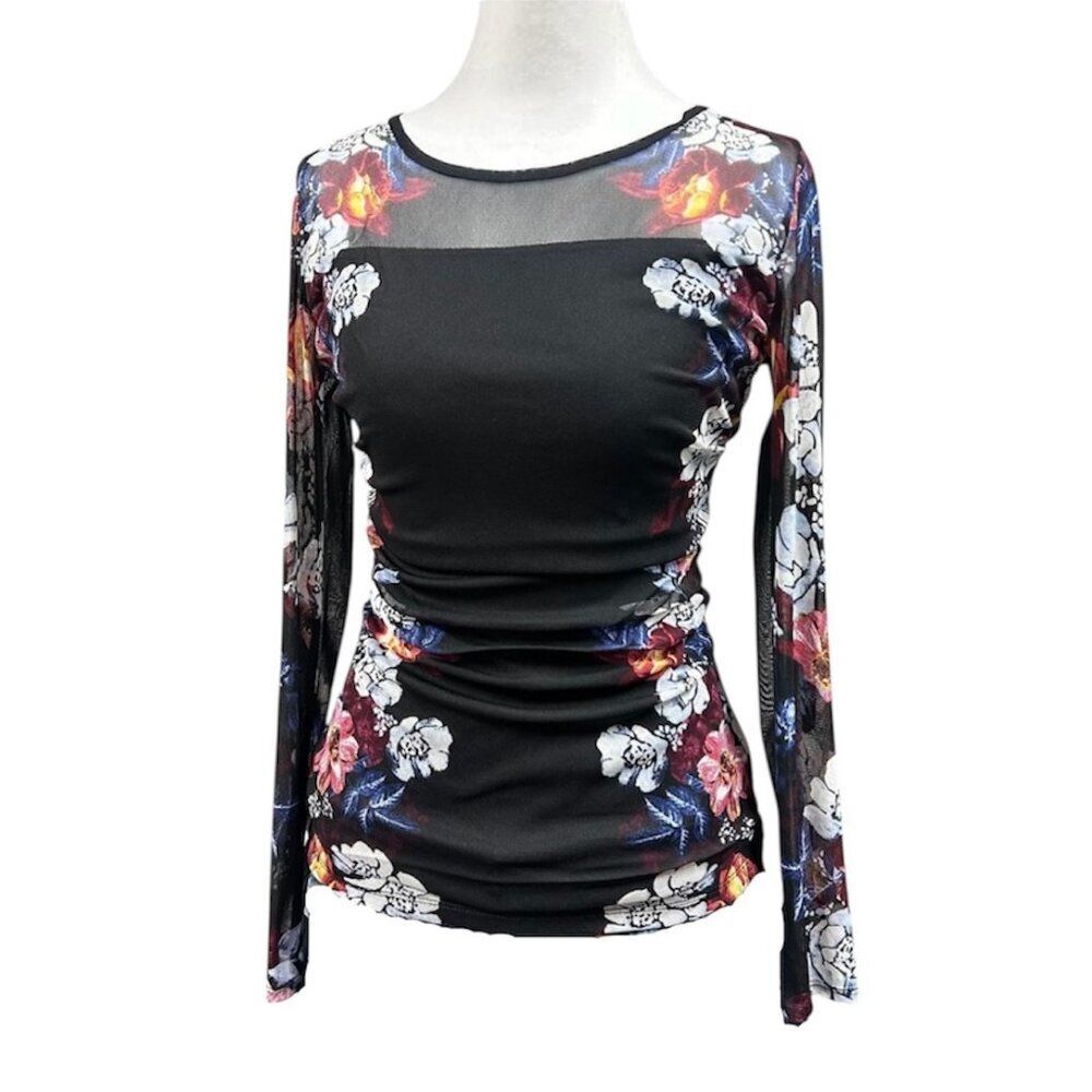 INC Floral Mesh Ruched Long Sleeve Sheer Blouse Y2K Fairy Grunge Sz M Petite
